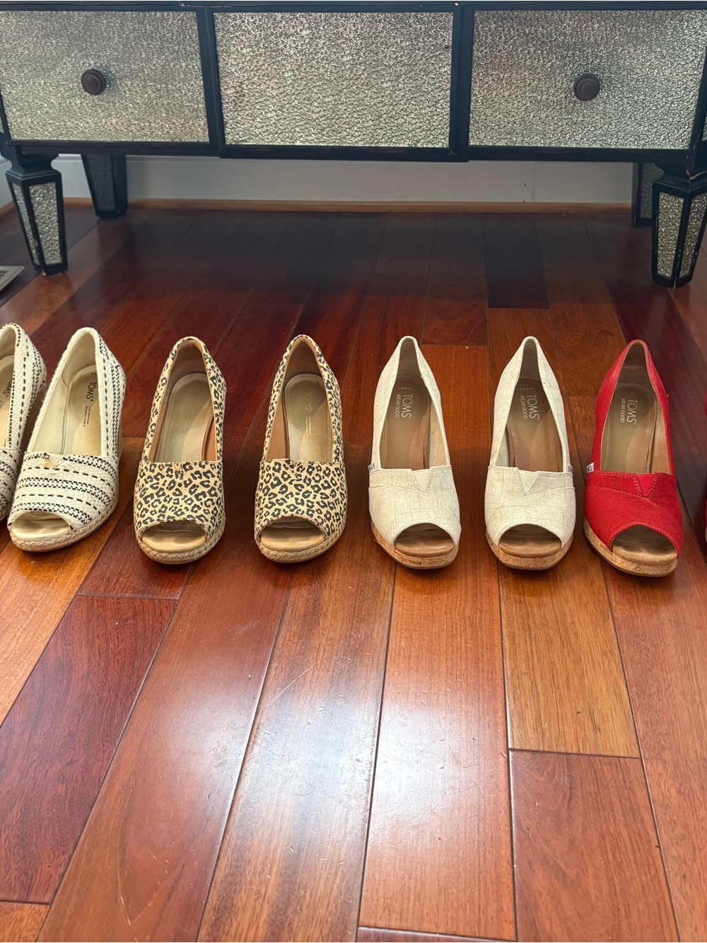 TOMS Red Canvas Peep-Toe Wedges